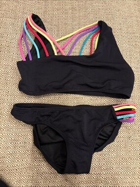 Peixoto Black Girls' Bikini with Rainbow Strap Accents
